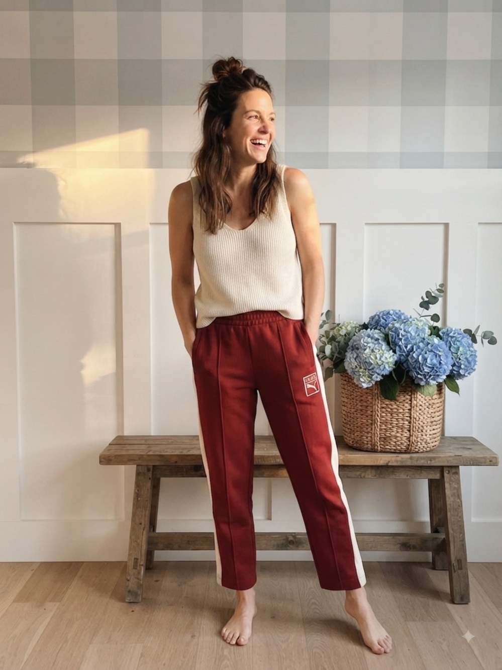 Puma Burgundy Track Pants with White Side Stripe Large